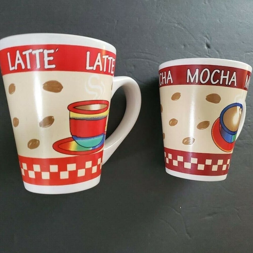 Mocha and Latte Coffee Cup Set Collectible Red White Multi Great Gift Idea